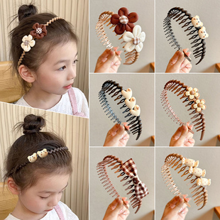 儿童奶咖可爱花朵发箍女童碎发梳卡通头箍女孩带齿防滑宝宝插梳卡