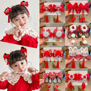 新年头饰儿童过年发夹女童古风红色发饰女孩假发流苏夹子宝宝发卡