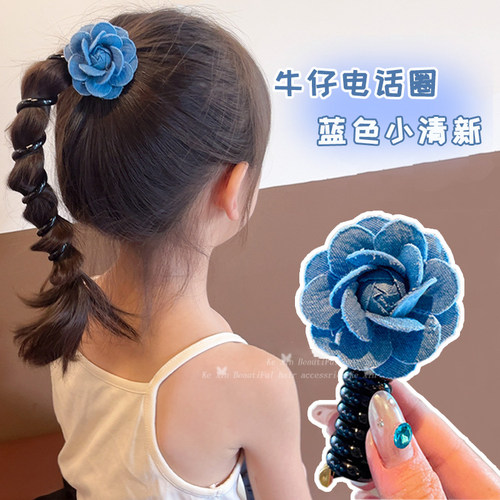 儿童牛仔蓝玫瑰电话线发圈女童扎头发发绳2026新款女孩绑马尾皮筋