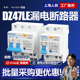 单相漏电断路器32A空开小型1P漏保63a2p三相3电闸4家用DZ47LE-C63