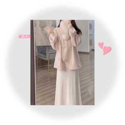 2025 新中式富家千金奶糯粉色国风毛呢时尚外套高级感小洋装套装
