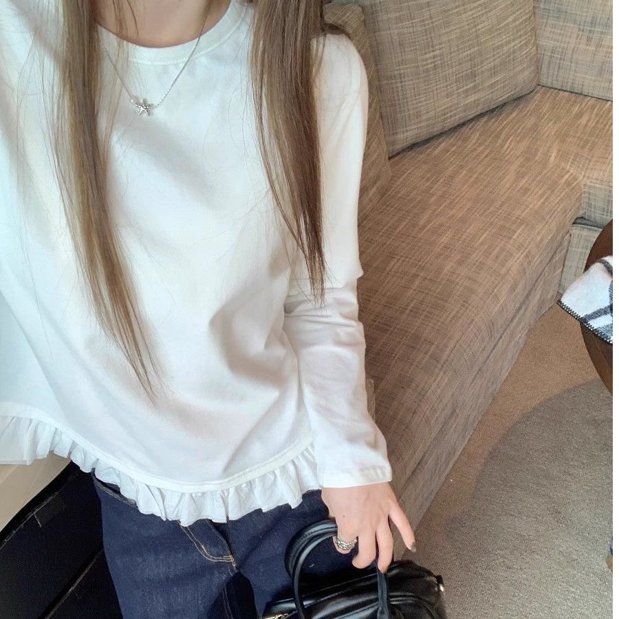 甜美花边拼接正肩长袖t恤女