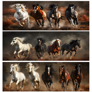 骏马图万马奔腾客厅挂画茶室壁画书房挂画背胶布画民宿自贴墙画