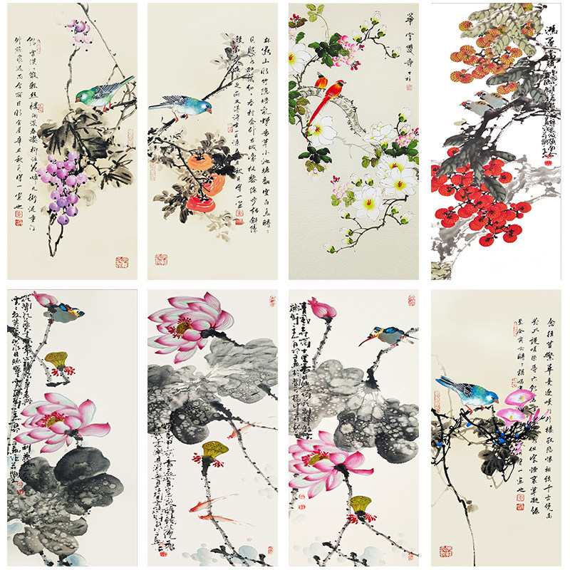 水墨荷花莲叶工笔画玄关花鸟图挂画客厅走廊书房自贴画背胶布画