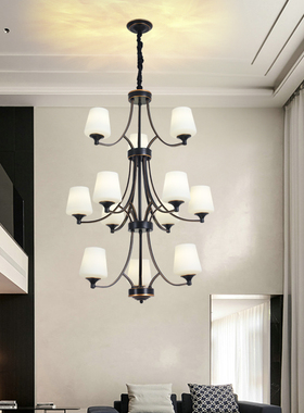 别墅复式楼客厅大吊灯美式旋转楼梯复古loft公寓双层灯具