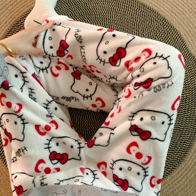 睡裤女秋冬季法兰绒珊瑚绒宽松加大码加绒保暖可外穿月子睡衣裤子