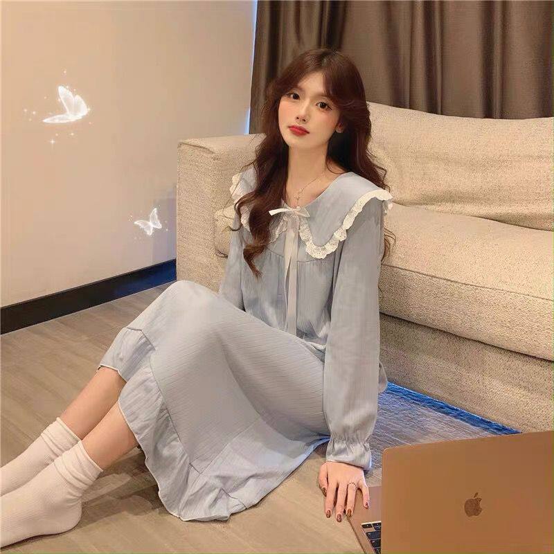 长袖坑条宫廷公主风中长款睡裙