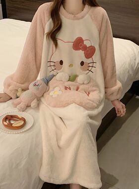 卡通可爱KT猫咪冬季睡裙女长款珊瑚绒加厚保暖宽松大码睡衣家居服
