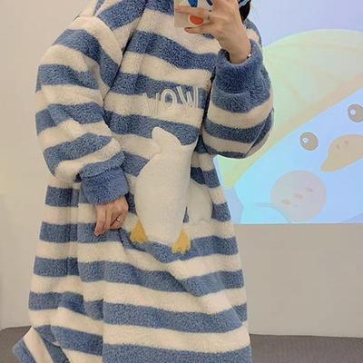 大白鹅珊瑚绒睡裙女冬季加绒加厚孕妇宽松长款毛毛大码睡衣可外穿