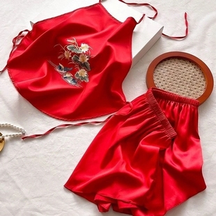 2026新款刺绣肚兜成人冰丝性感诱惑睡衣女士内衣丝绸套装吊带夏季