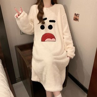 睡裙女款珊瑚绒秋冬季加绒宽松加大码法兰绒长袖连衣裙睡衣可外穿