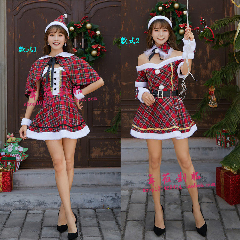 圣诞节服装女性感一字肩格子连衣裙 露肩公主裙大人平安夜演出服
