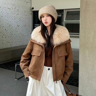 冬季大毛领时尚麂皮绒羽绒棉服女装新款加厚保暖气质派克服短外套