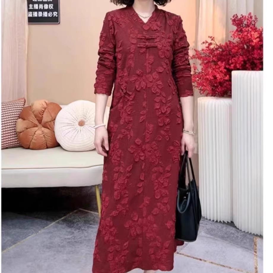 A版花卉时尚盘扣显瘦洋气连衣裙