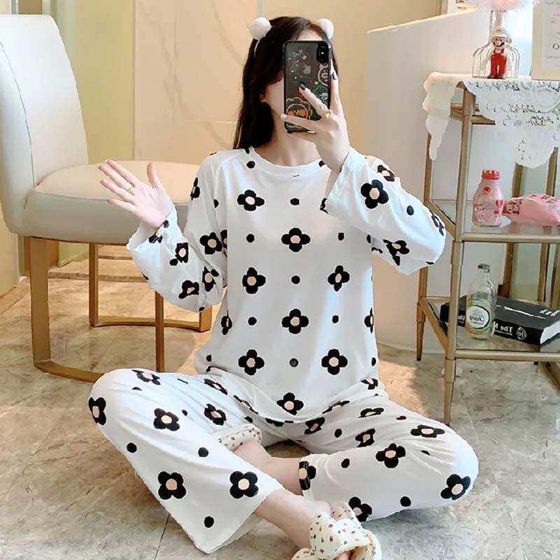 新款女士睡衣春秋冬季薄款长袖长裤棉质圆领宽松版学生家居服套装