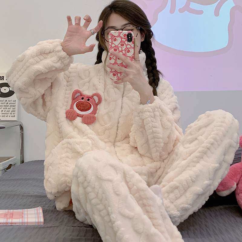睡衣女冬季珊瑚绒加绒加厚2024年新款秋季家居服女款法兰绒长袖