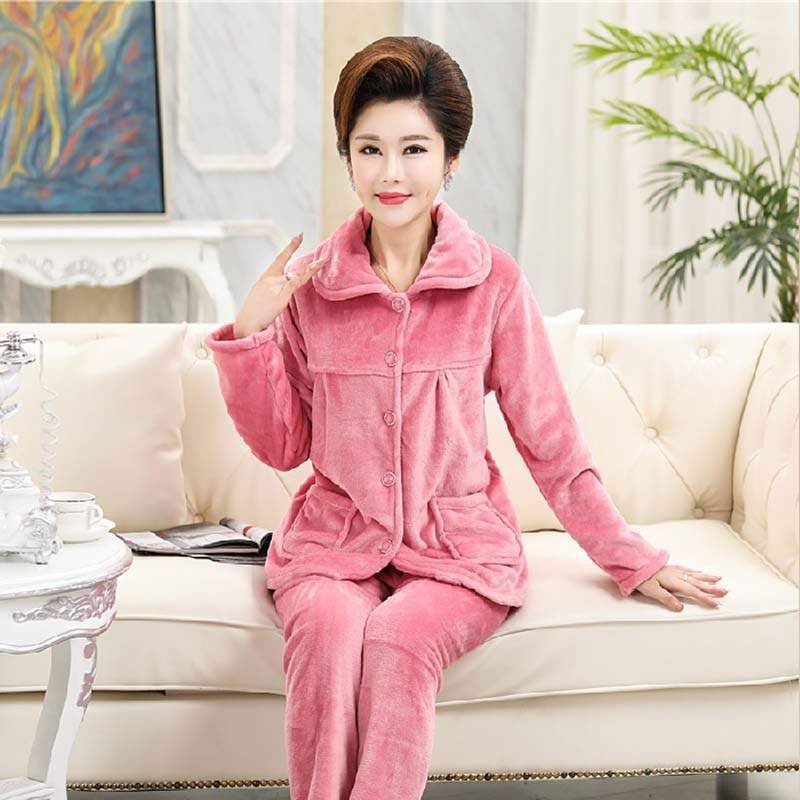冬季加厚珊瑚绒女中老年反领开衫睡衣/家居服套装