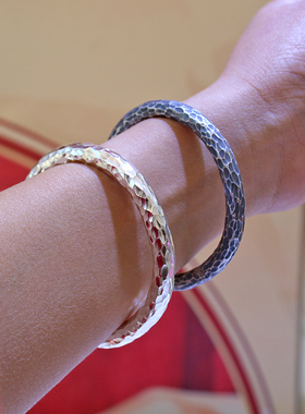 纯手工999足银锤纹手镯男女情侣