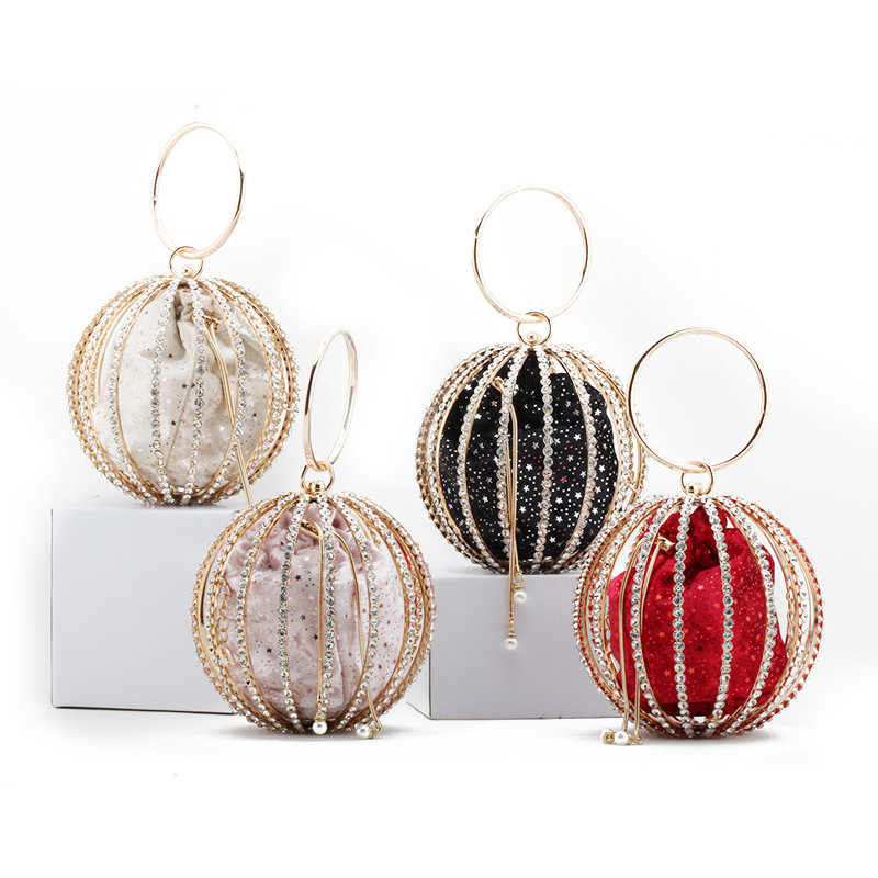 跨境外贸女包陈婷同款网红金属镂空圆球包高级质感手提镶钻晚宴包