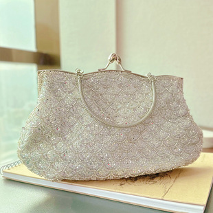 新款女旗袍包晚宴包珠绣鱼鳞手提包礼服包女士手拿百搭链条亮片包