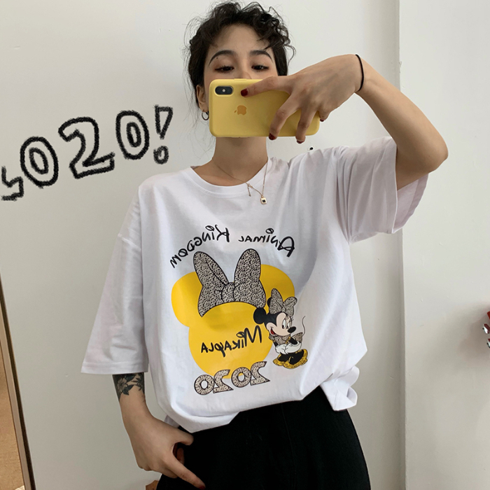 New cartoon Minnie letter printed T-shirt for women loose casual Korean short sleeve bottom coat