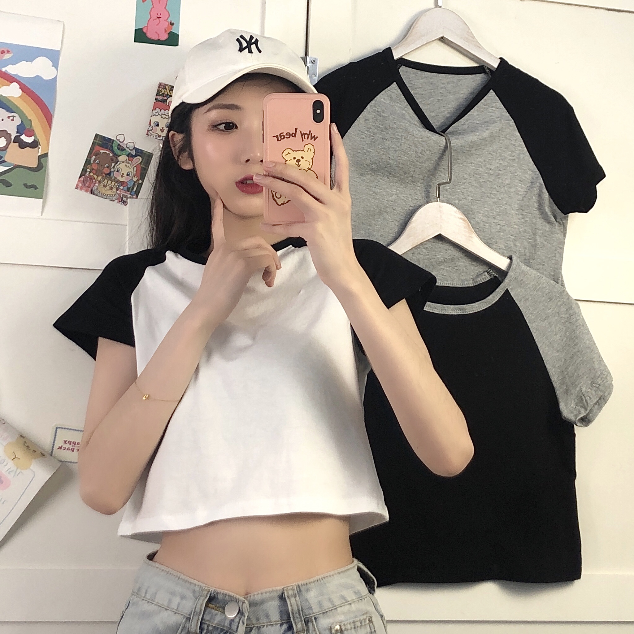 Real shot cotton short splicing Korean versatile top women's summer new