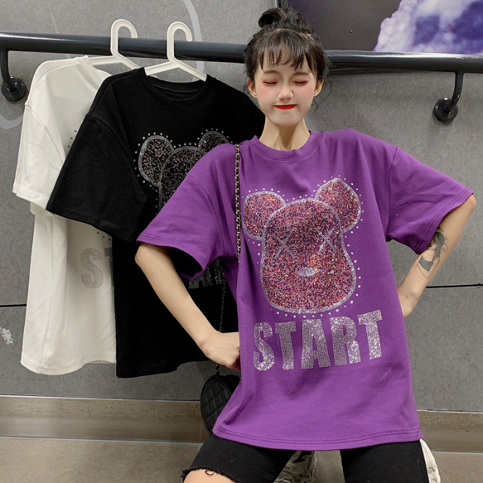 Real shot new heavy industry hot drill bear letter short sleeve T-shirt women's Korean version loose half sleeve top bottom coat