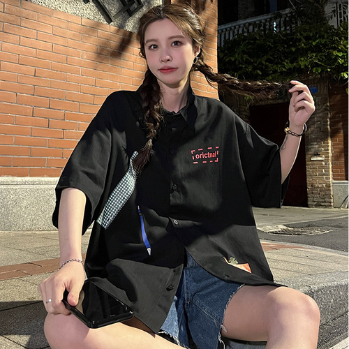 Shirt pure cotton real shot real price college style short sleeved shirt female student loose summer top