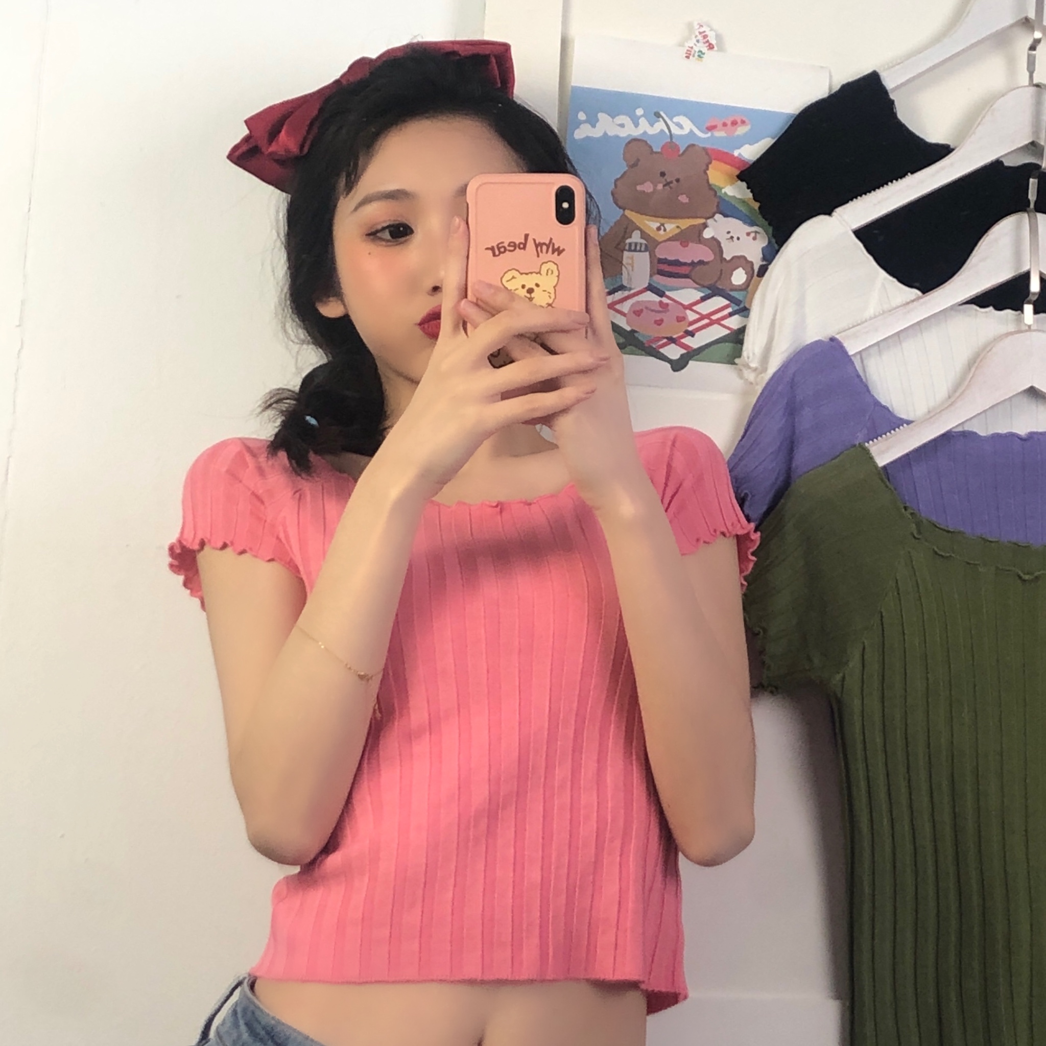 實拍韓版百搭短款糖果色針織衫女