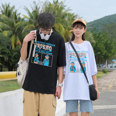 Real shot 6535 cotton summer couple's short sleeve T-shirt, loose casual clothes for boys and girls
