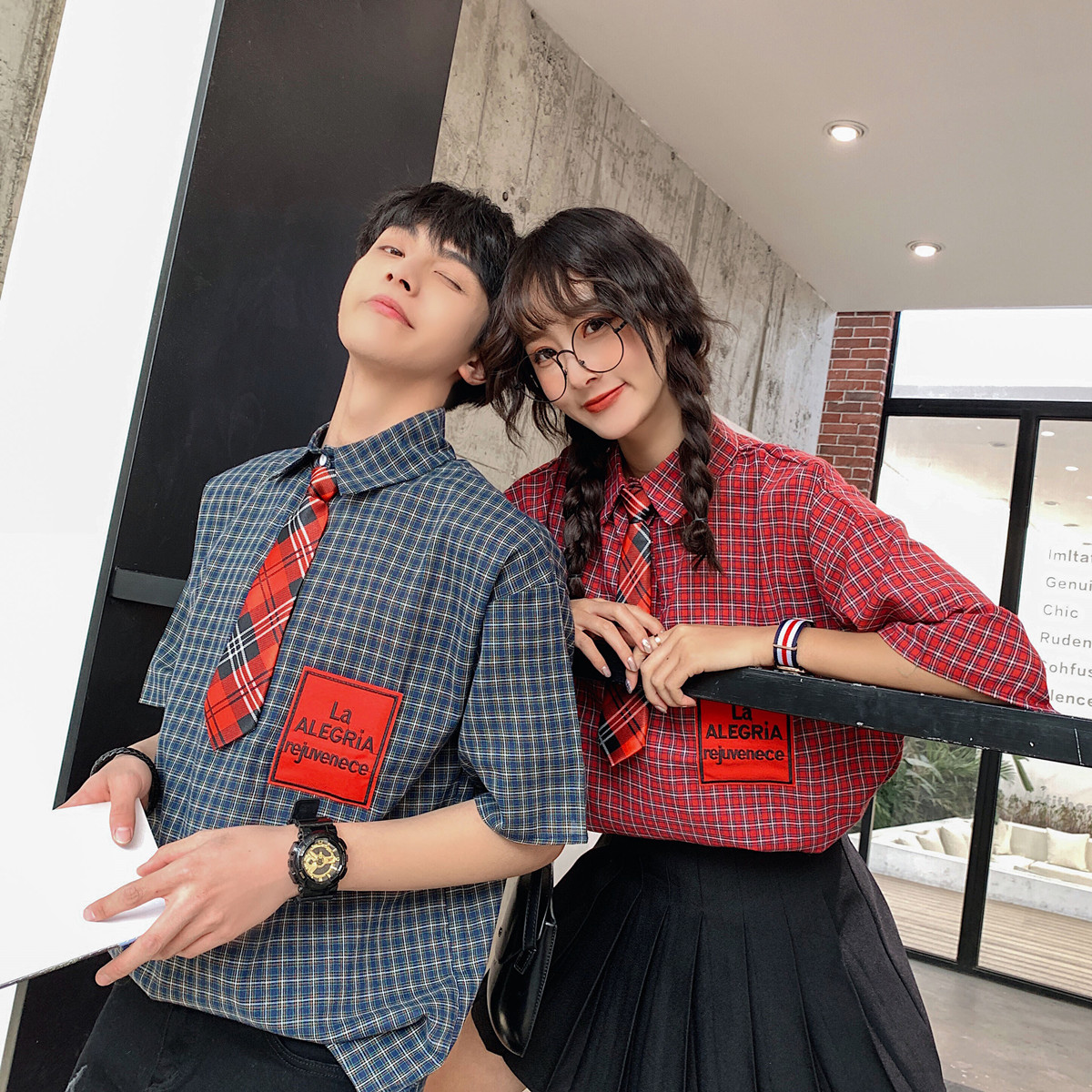 Real shot with tie student DK uniform Plaid Shirt Men's and women's top couple's Short Sleeve Shirt