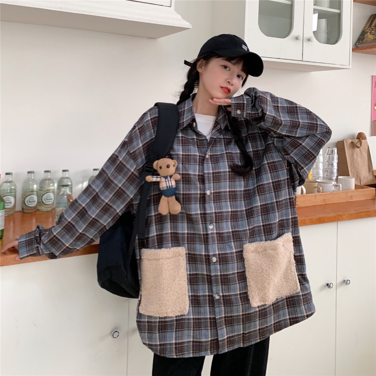 實拍格子長袖襯衫女新款oversize寬鬆小熊掛件裝飾襯衣