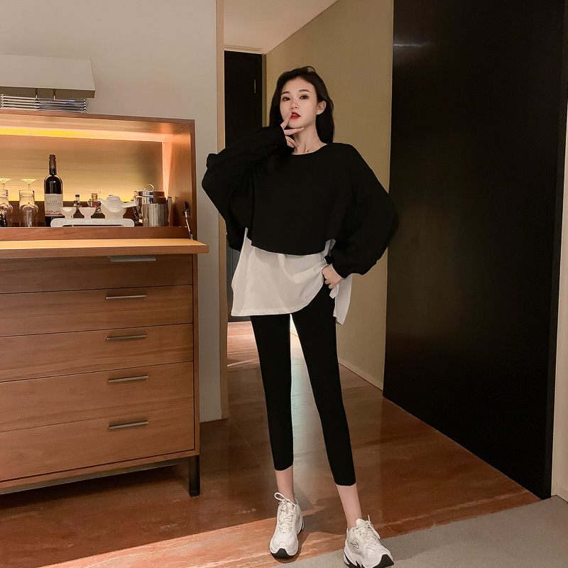 實拍秋季新款韓版假兩件衛衣兩件套女中長款打底褲套裝潮