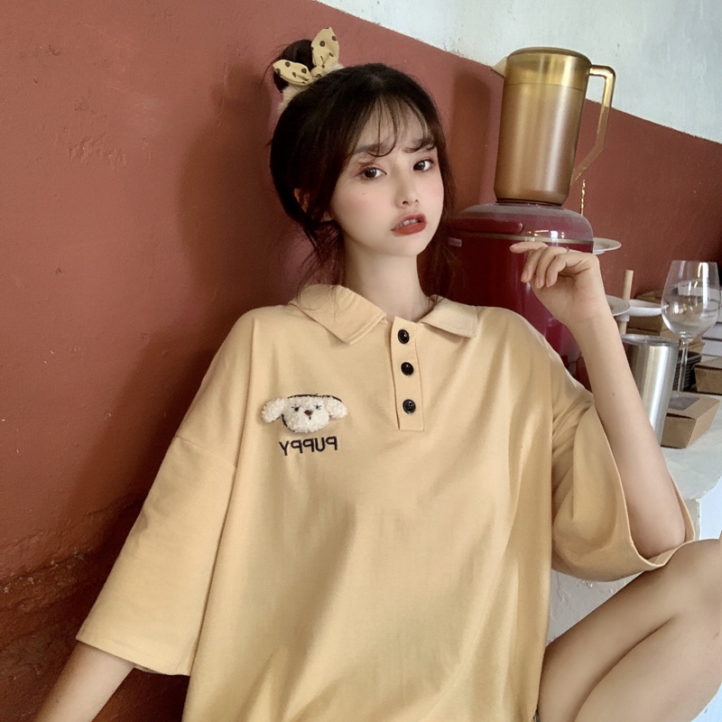 Real shot Pullover collar short sleeve Pullover cartoon patch loose casual embroidered letter top for women