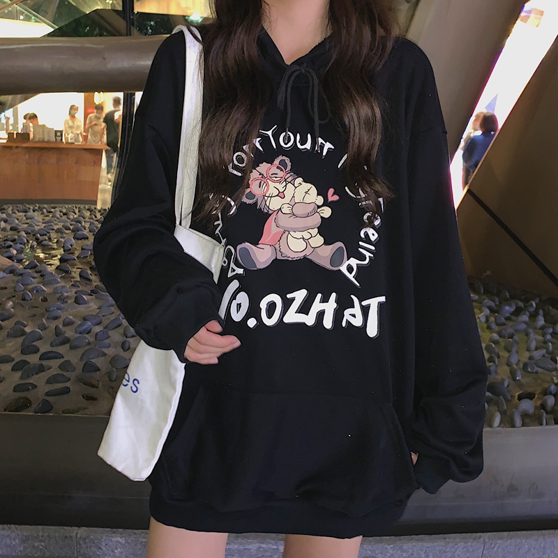 New Korean printed cartoon loose hooded sweater for women