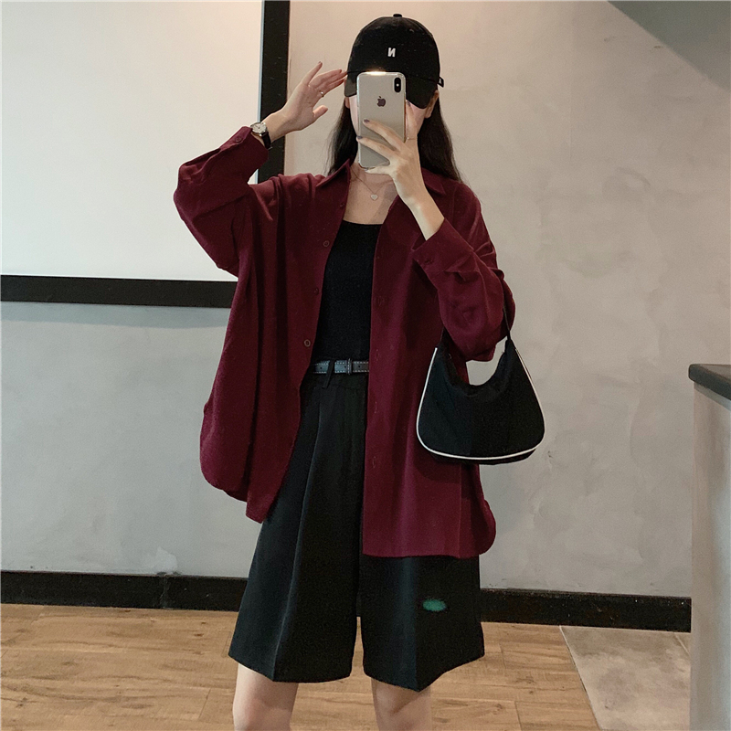 Real shooting cotton polyester spring and autumn solid color shirt women's coat versatile top
