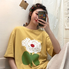 Real shot cotton thread collar medium length T-shirt student versatile fun casual short sleeve top