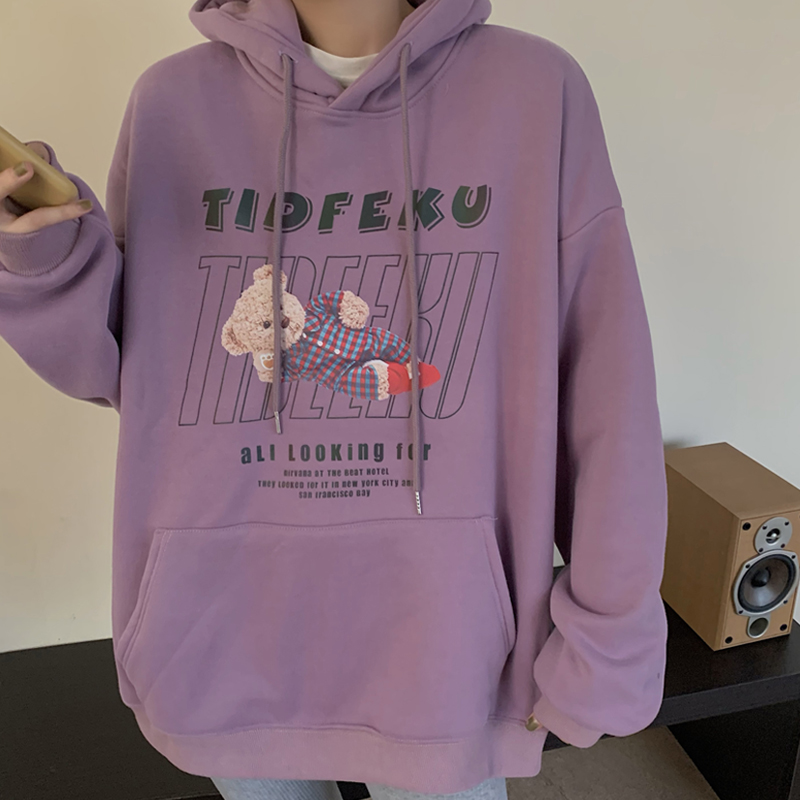 Photo of reflective letter bear hooded sweater for women in spring and Autumn