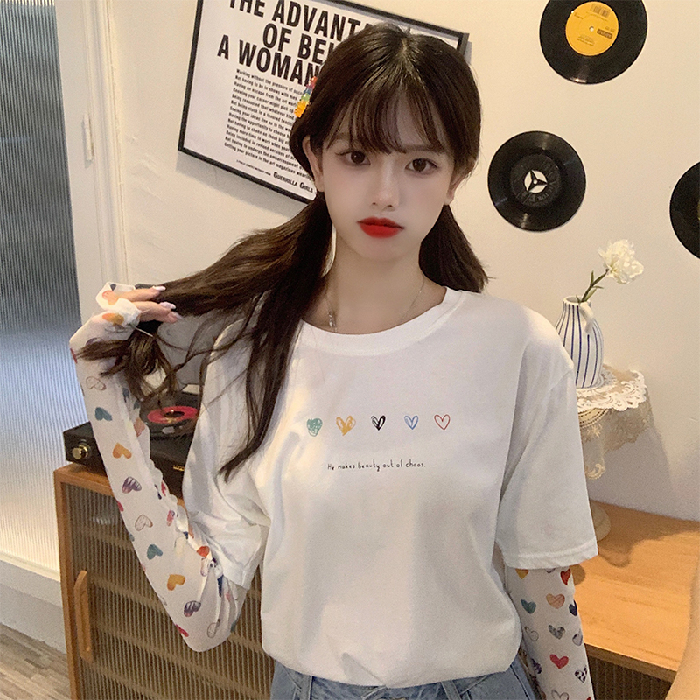 Real top summer new sun screen stitching fake two long sleeve t-shirts