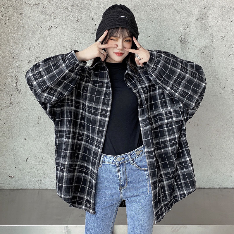 Real shot cotton thickened Korean retro Plaid Lapel long sleeve shirt women's loose and lazy student shirt
