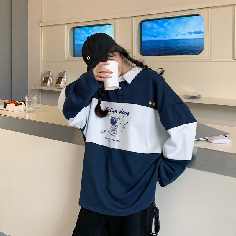 Real shot long sleeve T-shirt women's Hong Kong Style couple's polo collar sweater