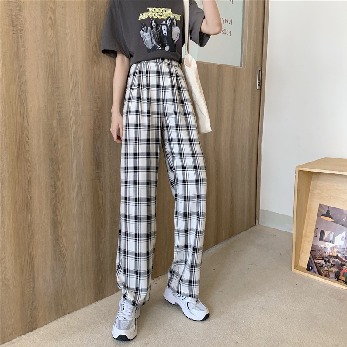 New autumn high waist Plaid wide leg pants Korean thin loose straight pants