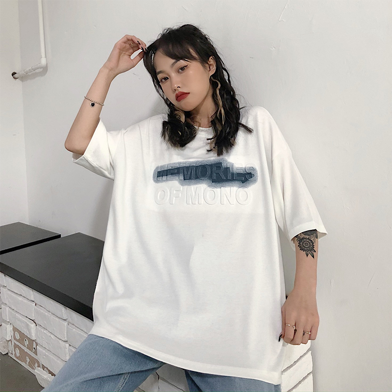 T-shirt women's mid long loose Korean Short Sleeve Top with printed cotton