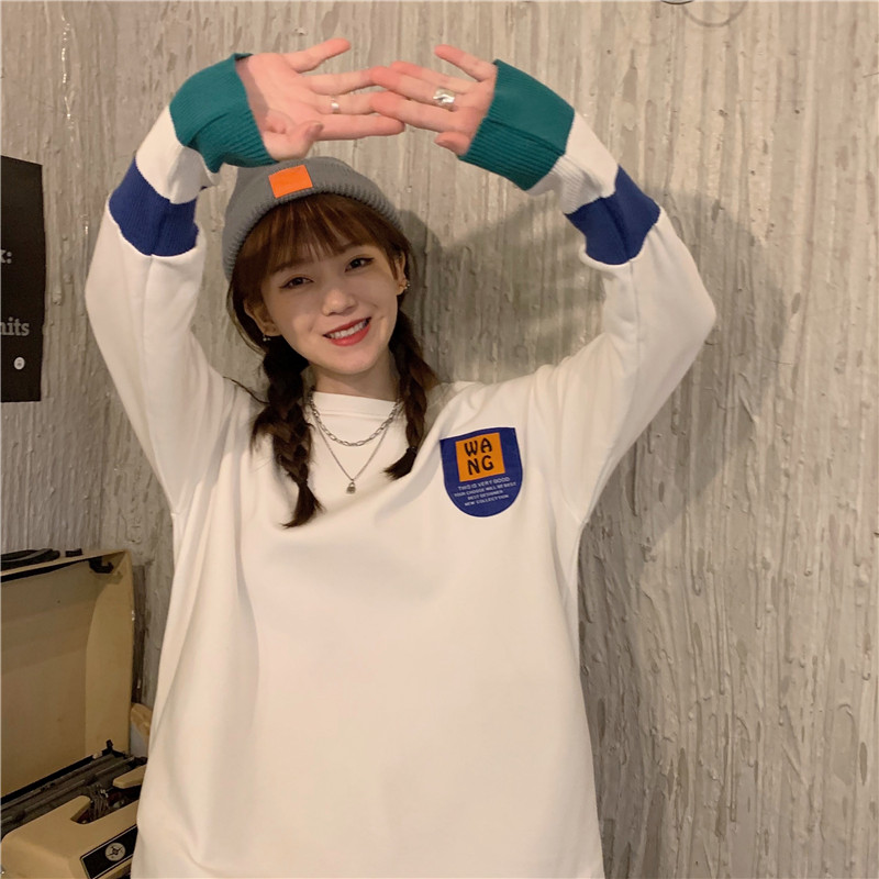 Real shot loose bottomed T-shirt women's medium length white plush with cotton long sleeve top