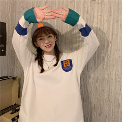 Real shot loose bottomed T-shirt women's medium length white plush with cotton long sleeve top