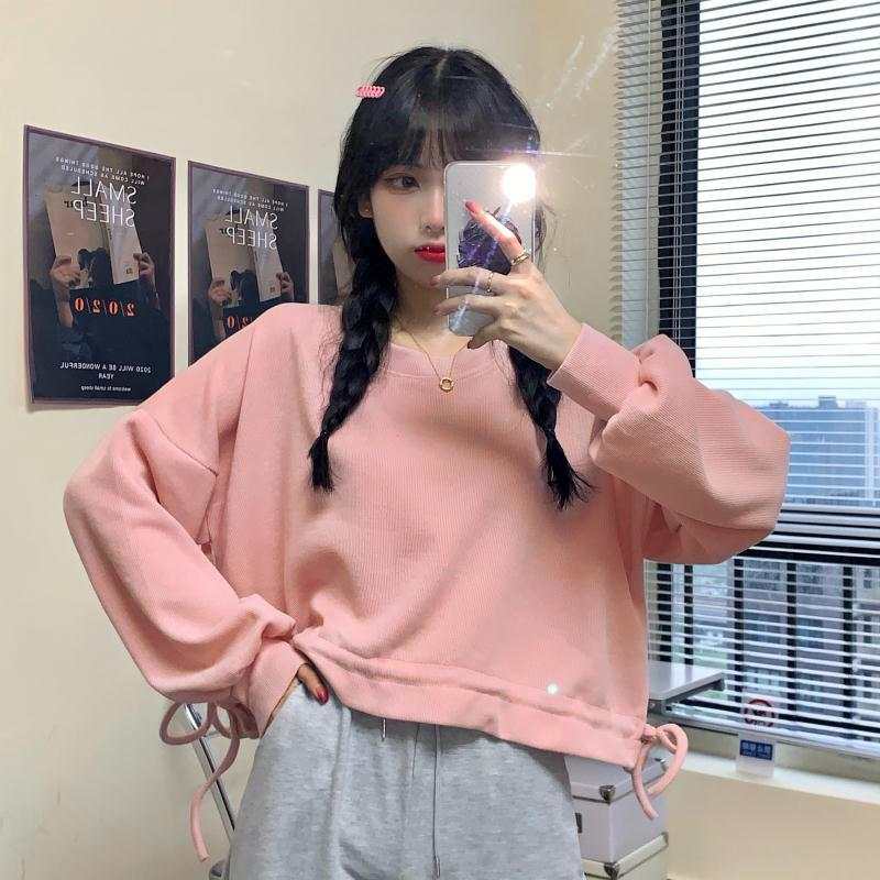 Real shooting Mini autumn fresh design with loose drawstring at the hem for women's fashionable sweater