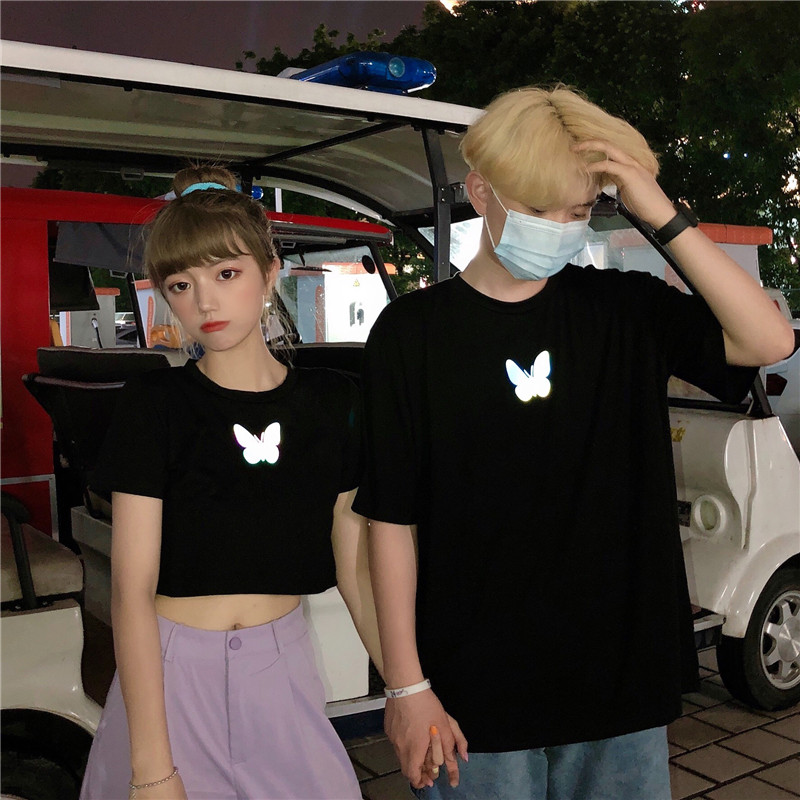 Real shooting cotton lovers' reflective butterfly short sleeve T-shirt