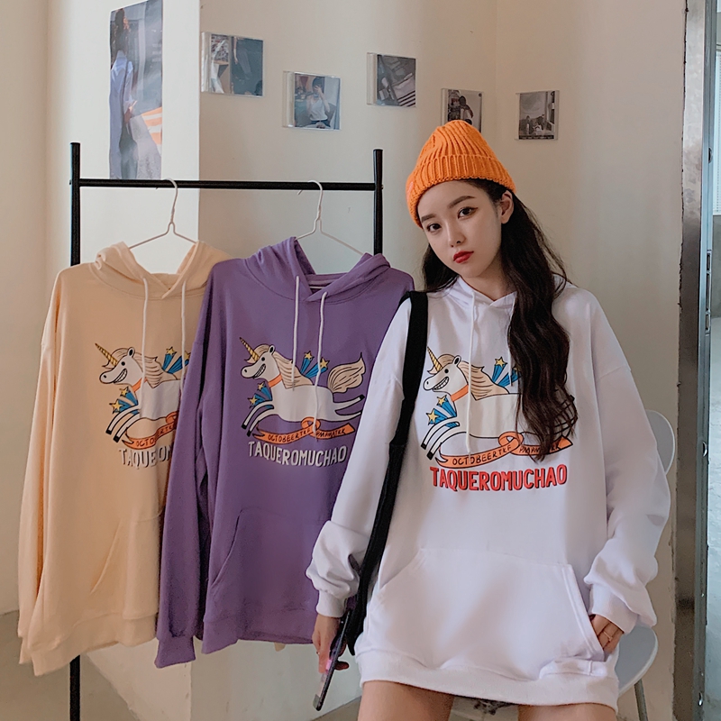 Real shot fish scale Korean hooded cartoon print cute student loose sweater blouse