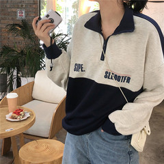 Real shot half zipper sweater women's loose top long sleeve collar Hong Kong Style coat