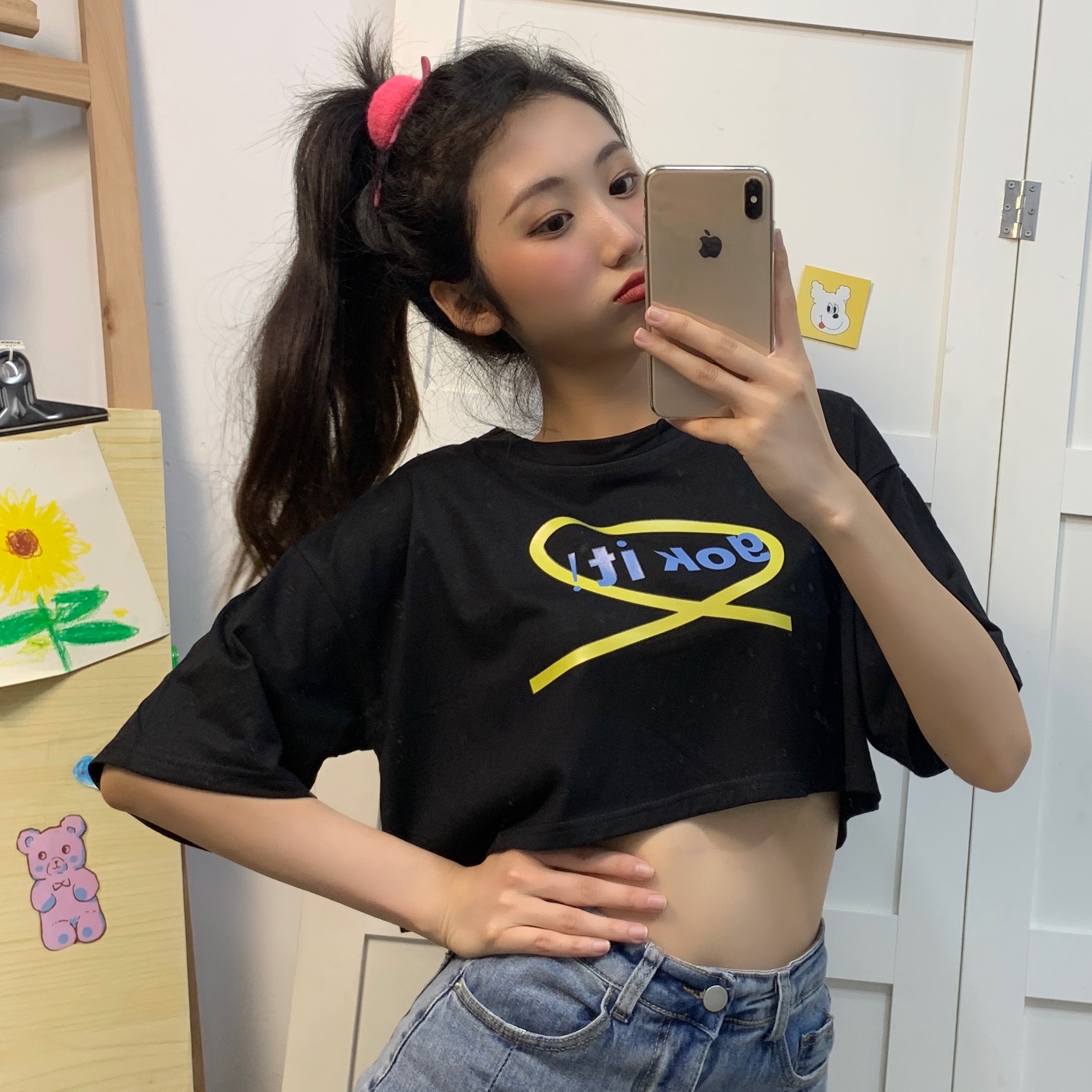 Real shot short T-shirt + mid long open navel, fashionable and loose cotton, lovers' and best friend's